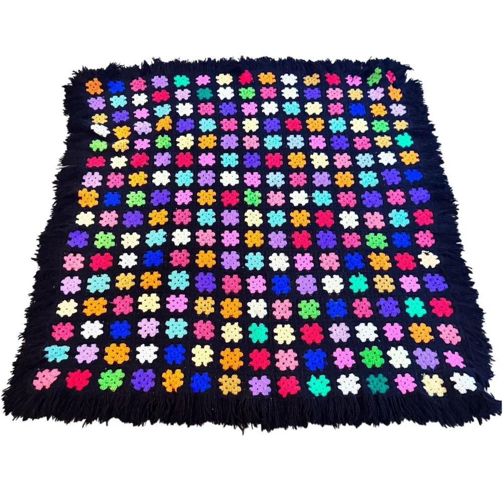 Crochet Granny‎ Square Blanket Multi Color Fringe Boho Throw 60